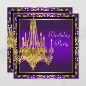 Invitation Chandelier violet or fête d'anniversaire (Devant / Derrière)