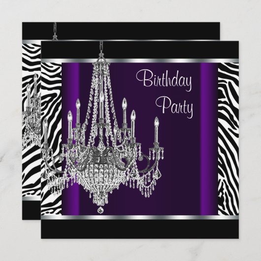 Invitation Chandelier violet zèbre fête d'anniversaire (Devant / Derrière)