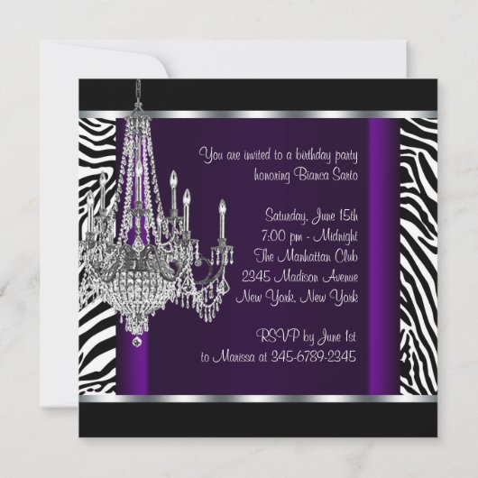 Invitation Chandelier violet zèbre fête d'anniversaire (Dos)