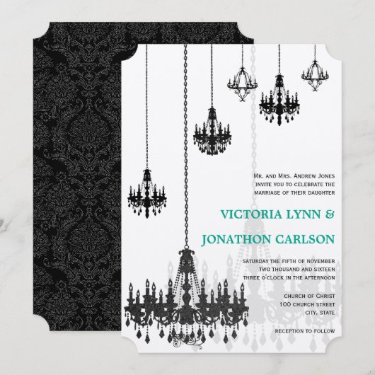 Invitation Chandeliers en damas romantique à la menthe verte (Devant / Derrière)