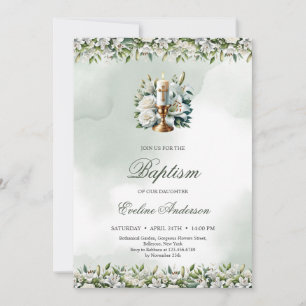 Invitation Chandelle or aquarelle tendance lys blancs Baptême