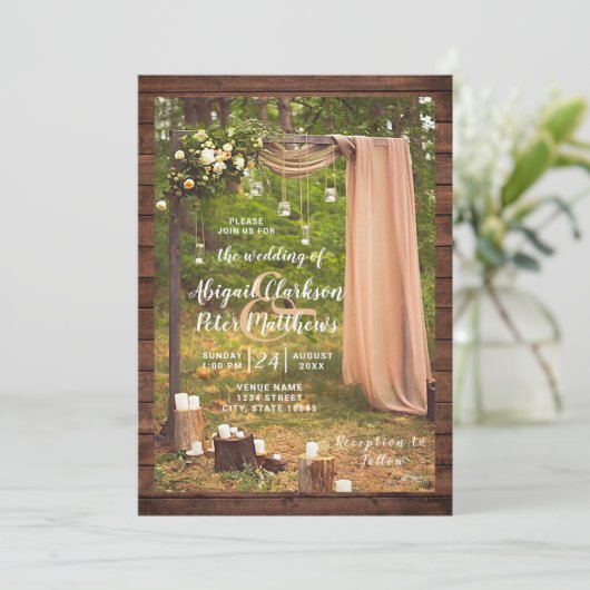 Invitation Chandelles de bocal en bois rustique Mariage (Debout devant)