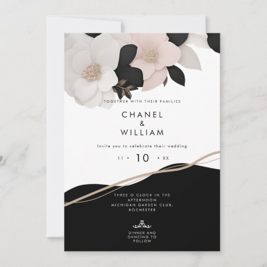 Invitation Chanel noir et blanc bijou mariage floral (Devant)