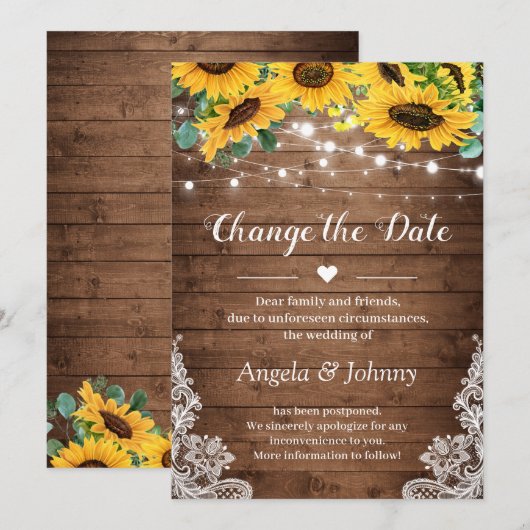 Invitation Change the Date Rustic Sunflowers Guirlande Lumine (Devant / Derrière)