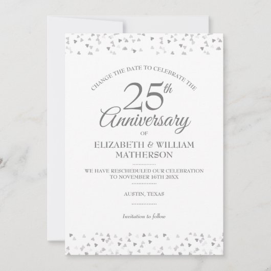 Invitation Changement de date 25e anniversaire Cœurs argentés (Devant)