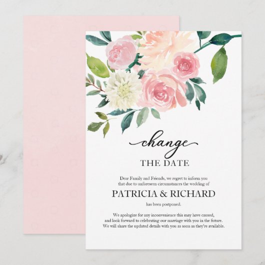 Invitation Changement de date Blush Fleurs Mariage Report (Devant / Derrière)