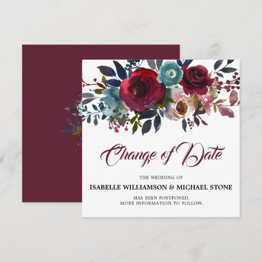 Invitation Changement de date de mariage floral rouge Bourgog (Devant / Derrière)