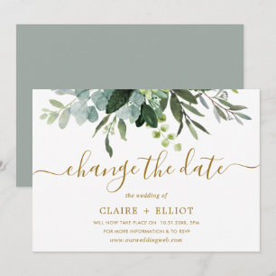 Invitation Changement de date de mariage or et vert botanique