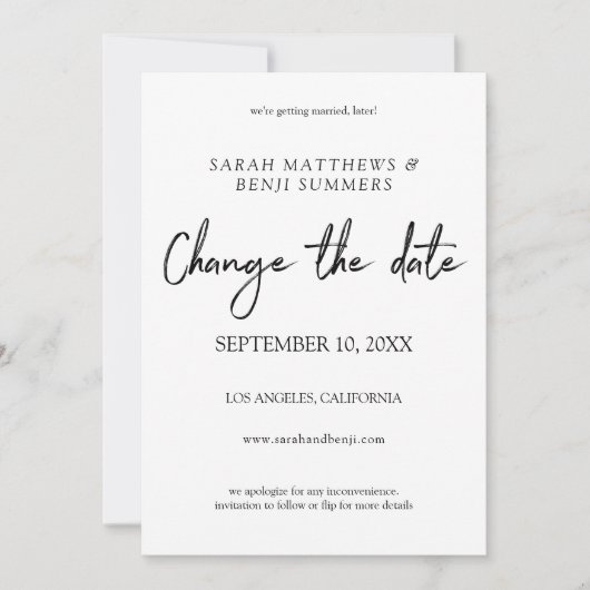 Invitation Changement de date d'écriture à la main blanc & no (Devant)