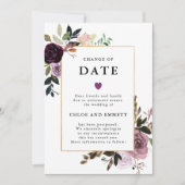 Invitation Changement de date mariage floral rose mauve pourp (Devant)
