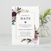 Invitation Changement de date mariage floral rose mauve pourp (Debout devant)