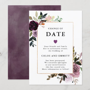 Invitation Changement de date Mariage floral rose mauve pourp
