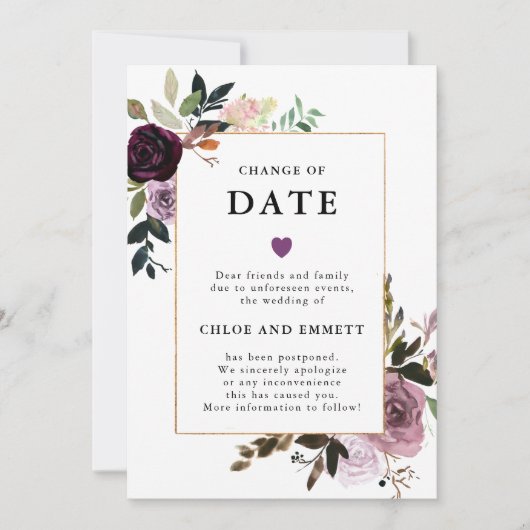Invitation Changement de date Mariage floral rose mauve viole (Devant)