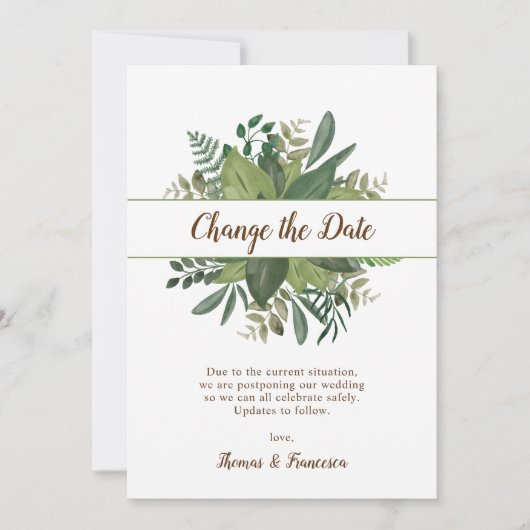 Invitation Changement de date mariage reporté feuilles rustiq (Devant)