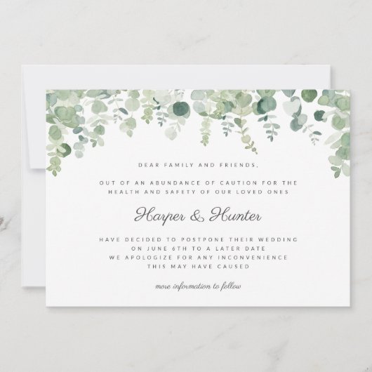 Invitation Changement de date reporté Mariage Eucalyptus (Devant)