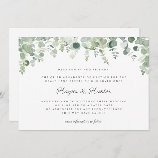 Invitation Changement de date reporté Mariage Eucalyptus (Devant / Derrière)