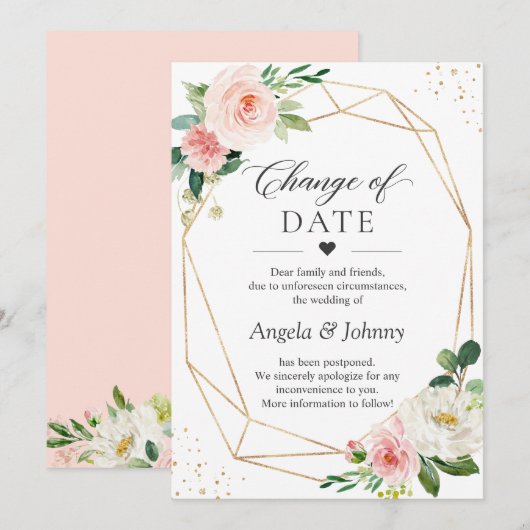 Invitation Changement de date Rose Floral Géométrique Or (Devant / Derrière)
