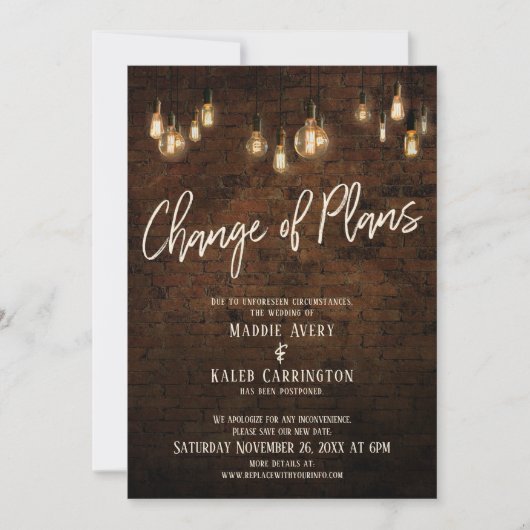 Invitation Changement de plan Edison Lumières Reporté Mariage (Devant)