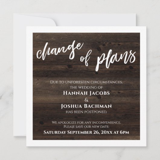 Invitation Changement de plan Reporté Mariage Rustic Wood Car (Devant)