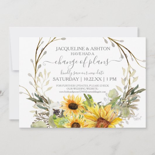 Invitation Changement de plan rustique Script tournesol en bo (Devant)