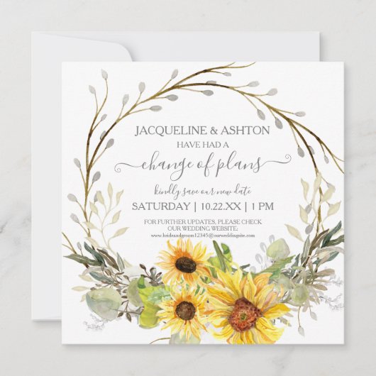 Invitation Changement de plan rustique Script tournesol flora (Devant)