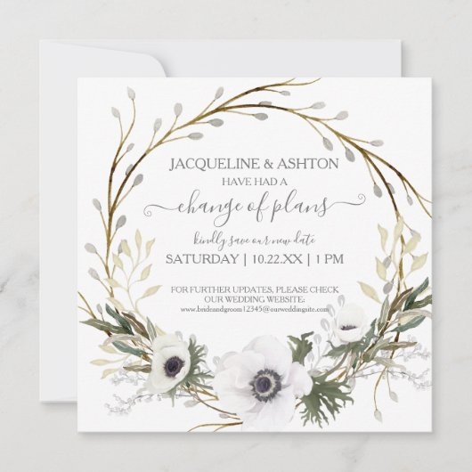 Invitation Changement de plan Script Gris Blanc Floral Vert (Devant)
