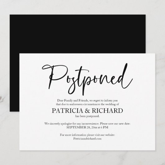 Invitation Changement de plans Annonce de report de mariage (Devant / Derrière)
