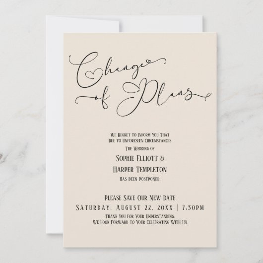Invitation Changement de plans, élégante date de mariage crèm (Devant)