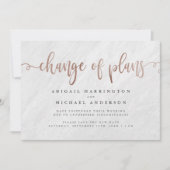 Invitation Changement de plans en marbre blanc et or rose (Devant)