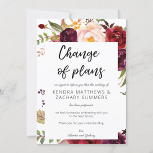 Invitation Changement de plans floral Bourgogne Marsala - Bla