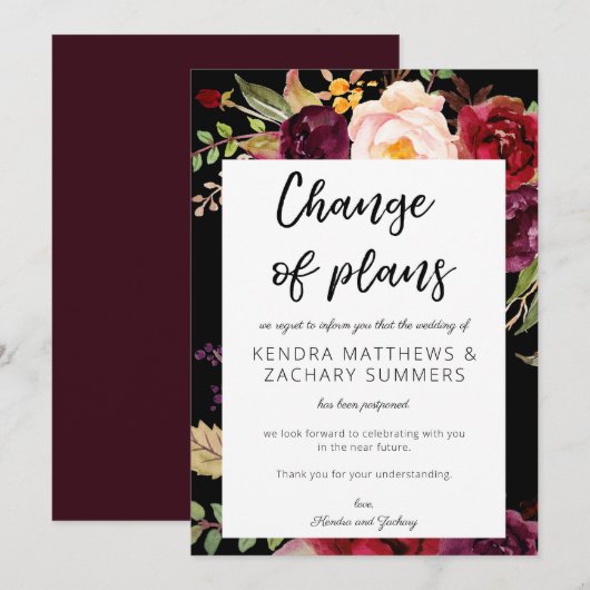 Invitation Changement de plans floral Marsala Bourgogne - Noi (Devant / Derrière)