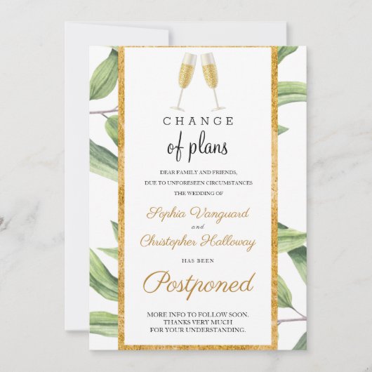 Invitation Changement de plans Mariage botanique d'or reporté (Devant)