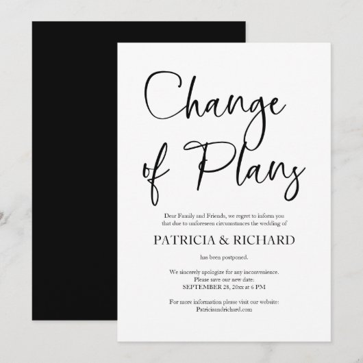 Invitation Changement De Plans Mariage Simple Reporté (Devant / Derrière)