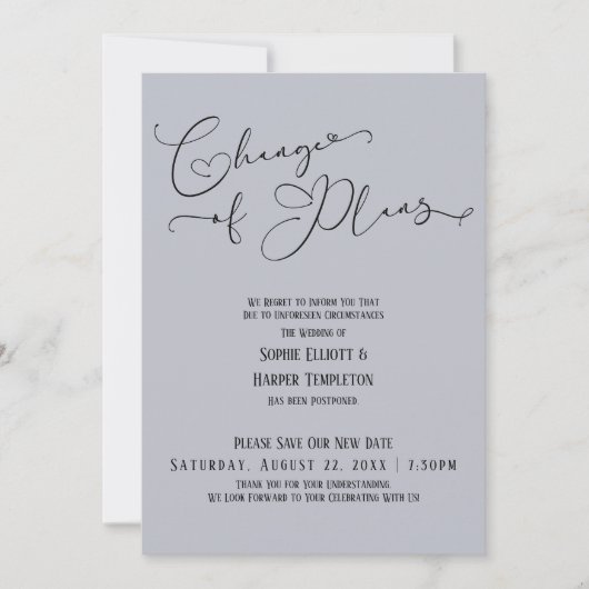Invitation Changement de plans, nouvelle date de mariage bleu (Devant)