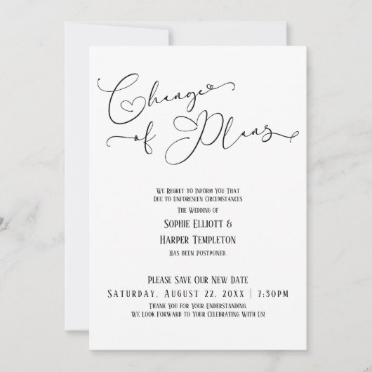 Invitation Changement de plans, Nouvelle date de mariage simp (Devant)