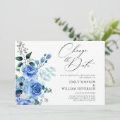 Invitation Changement De Plans Reporté Dusty Blue Foliage (Debout devant)