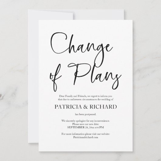 Invitation Changement De Plans Simple Mariage Reporté (Devant)