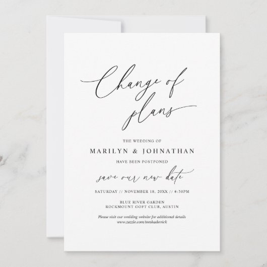 Invitation Changement minimal simple de plans, mariage report (Devant)