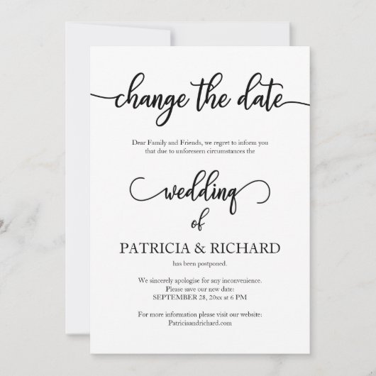 Invitation Changer la date Annonce de mariage reporté (Devant)