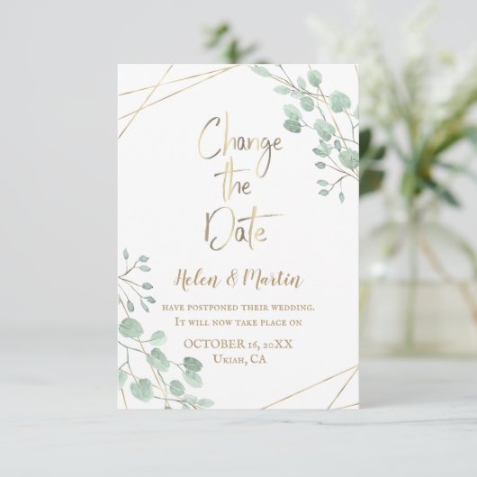 Invitation Changer la date cadre en aquarelle de verdure or (Debout devant)