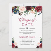 Invitation Changer la date Chic Bourgogne Fleurs Bleues Nuit (Devant)