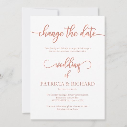 Invitation Changer la date de l'annonce de mariage or rose (Devant)