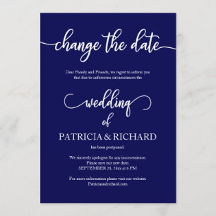 Invitation Changer la date de mariage reporté bleu marine