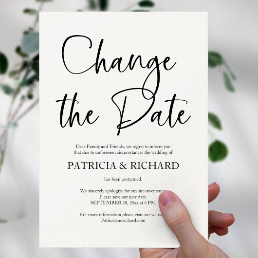 Invitation Changer la date de mariage simple reporté
