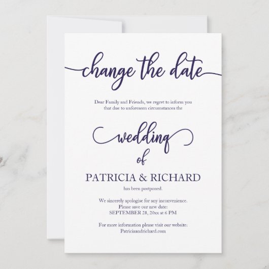 Invitation Changer la date du mariage reporté Navy Blue Scrip (Devant)