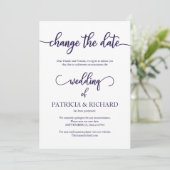Invitation Changer la date du mariage reporté Navy Blue Scrip (Debout devant)