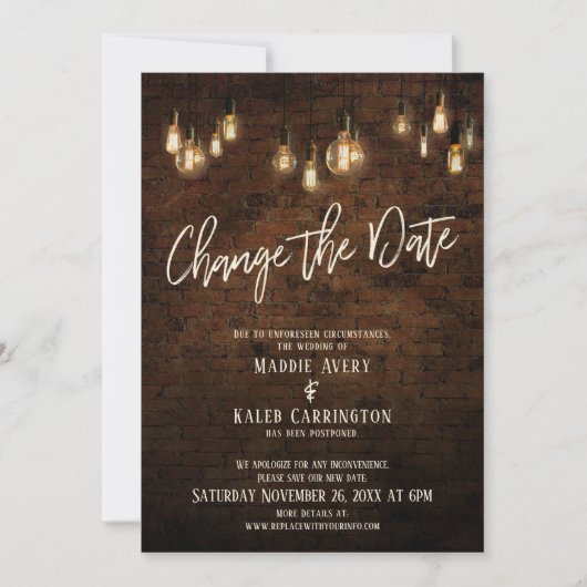 Invitation Changer la date Edison Lights reportent le mariage (Devant)