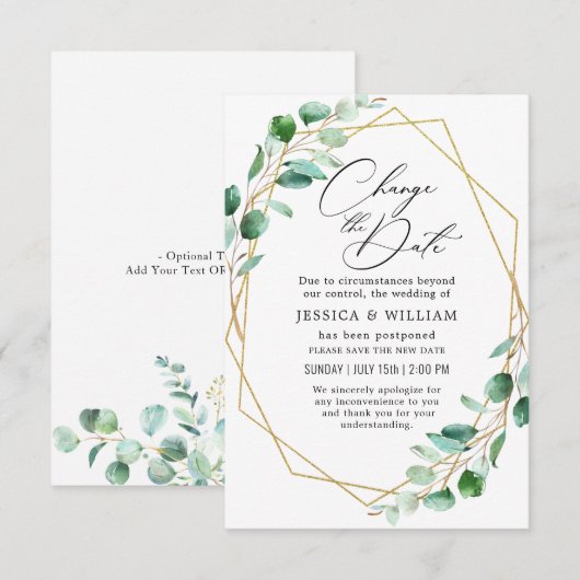 Invitation Changer la date élégante Eucalyptus reportée (Devant / Derrière)