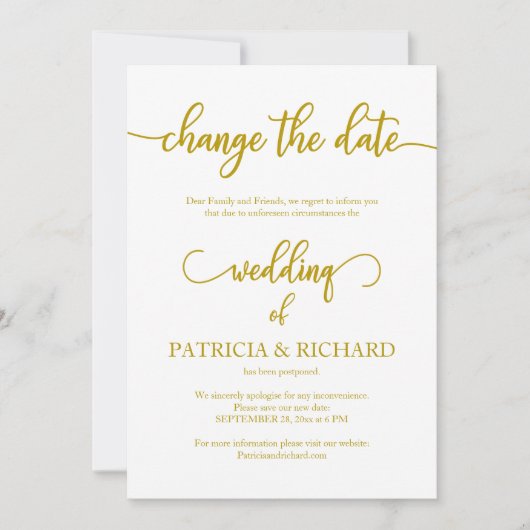 Invitation Changer la date Mariage reporté Élégant or (Devant)
