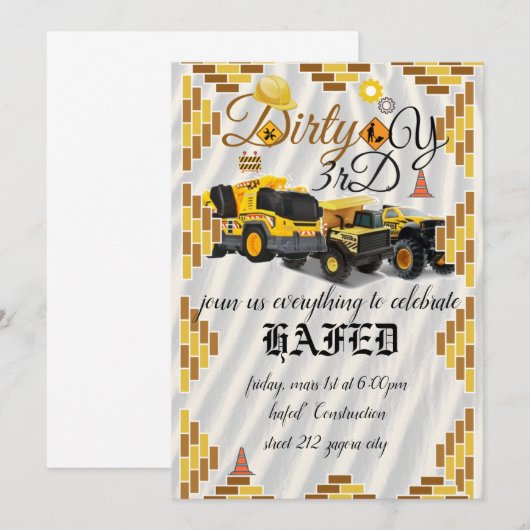 Invitation chantier, fêtes anniversaire (Devant / Derrière)